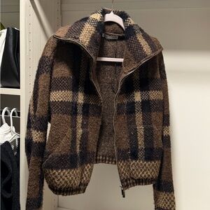 Zara Brown and Black Plaid Zip-Up Jacket